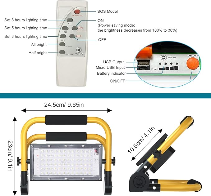 ERAY LED Construction Spotlight, Work Light 8000LM 13500mAh LED Work Light 2 Charging Methods / 4 Modes/Power Bank/Remote Control/Timer / 70 LED, Solar Construction Light for Camping