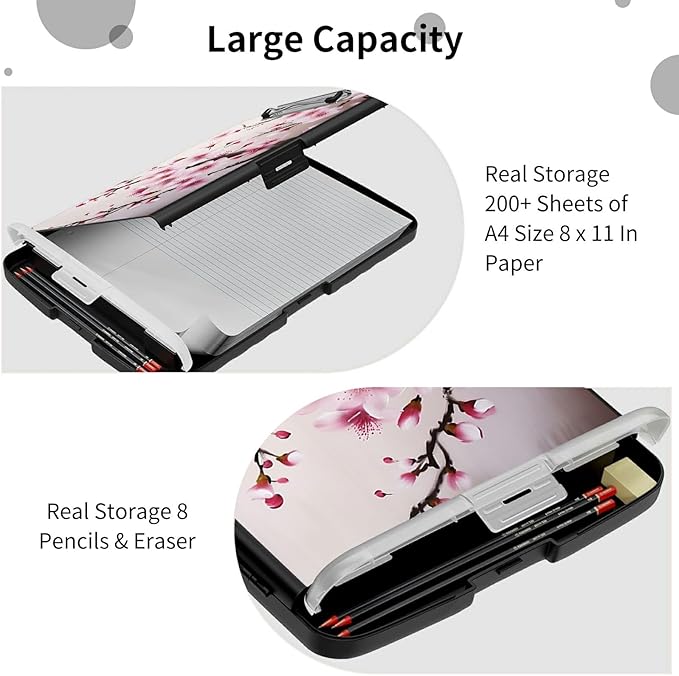 File Clipboard Storage with Pen Holder High Capacity Plastic Nursing Clipboards File Folder Storage Box Clipboard with Heavy Duty Clips for Teacher,Doctor,Offices-Cherry Blossom
