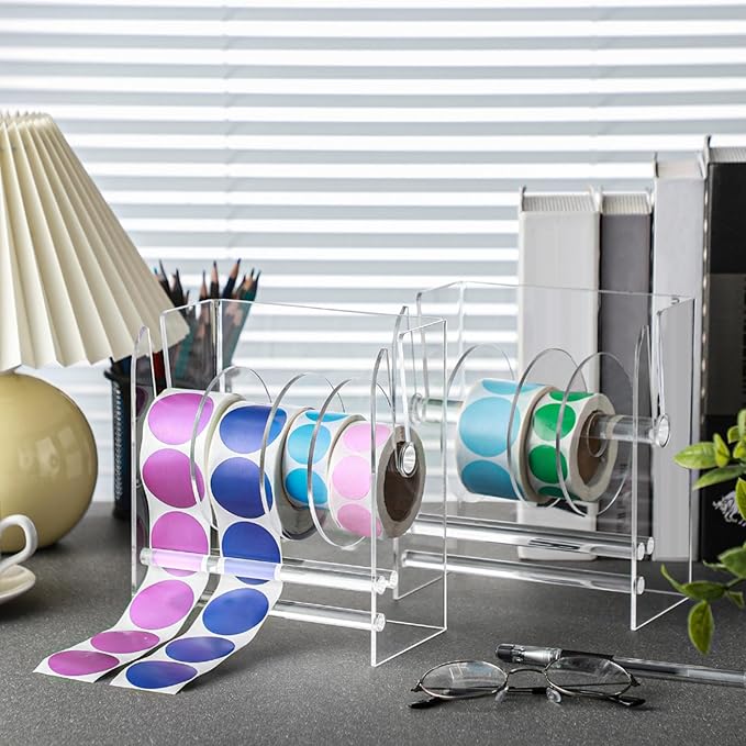 Qilery Adjustable Label Dispenser Acrylic Roll Sticker Dispenser Sticker Holder Organizer Label Stand for Holding Office and Home(4 Disks)