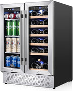 Tylza Wine and Beverage Refrigerator, 24 Inch Dual Zone Wine Fridge, Holds 20 Bottles and 88 Cans, French Doors, Lock, Under-counter or Freestanding Wine Cooler, Beverage Fridge with Tempered Glass