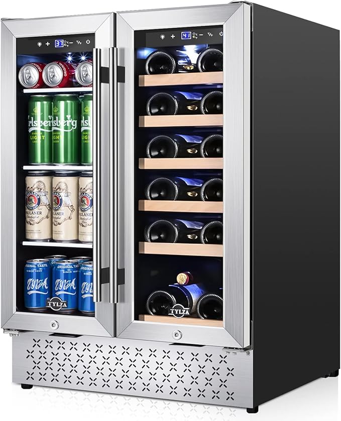 Tylza Wine and Beverage Refrigerator, 24 Inch Dual Zone Wine Fridge, Holds 20 Bottles and 88 Cans, French Doors, Lock, Under-counter or Freestanding Wine Cooler, Beverage Fridge with Tempered Glass