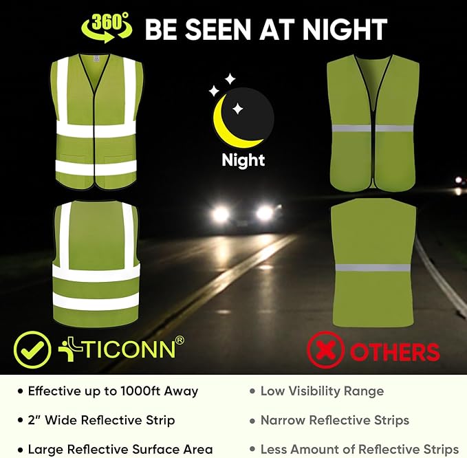 TICONN 2PK/4PK Reflective Safety Vest, High Visibility Vest with Reflective Strips for Men Women, Meets ANSI II