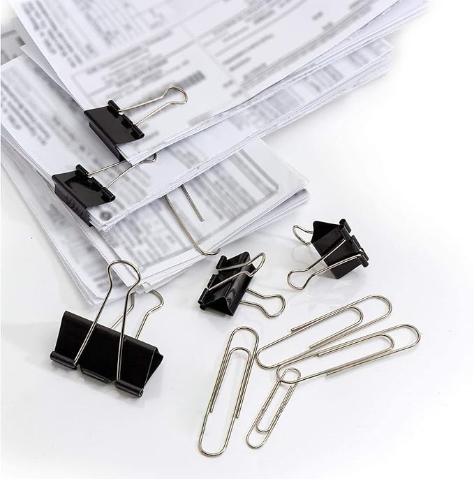 Binder and Paper Clips Set, 340 pcs Assorted Sizes in Container With Compartments - Silver Paper and Black Binder Clips for Home, School, Office Supplies