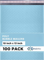 Light Blue 10x13 Inch Poly Bubble Mailers |Self Seal Padded Envelopes for Thick books | Cushioned Bubble Mailer | Usable Size 9.5x13 Inch | Waterproof Lightweight Mailing Shipping Bags | 100 Pack Bulk