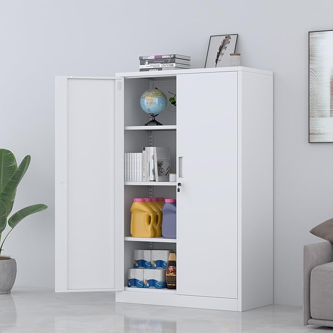 Metal Storage Cabinet with Locking Doors and 3 Adjustable Shelves, 53.5-Inch Tall Lockable Steel Storage Cabinets for Home Office Garage Pantry (White)