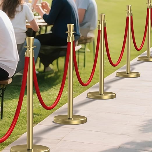 kaiyomi 8Pcs Stanchions with Red Velvet Ropes Set, 5 Feet Velvet Ropes and Posts Poles for Red Carpet Party Decoration and 360° Photo Booth (Golden)
