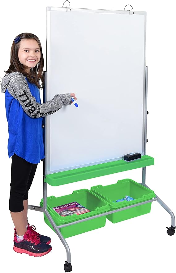 Stand Up Desk Store Mobile Whiteboard and Flipchart Easel with Storage Bins and Chart Hooks