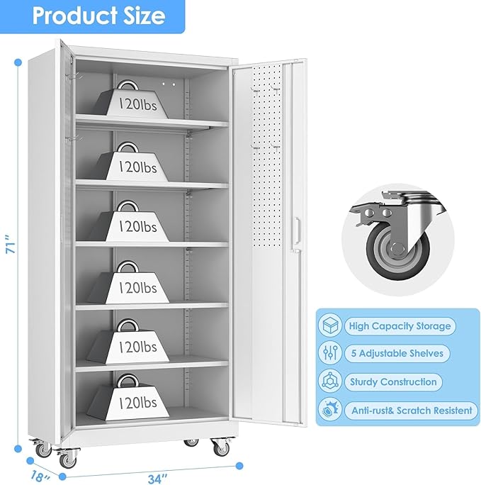 Metal Garage Storage Cabinet with Wheels and Pegboard,Rolling Tool Storage Cabinet with 5 Adjustable Shelves for Garage Warehouse Office Utility Room,Required Assembly,71" H×34" W×18" D,White