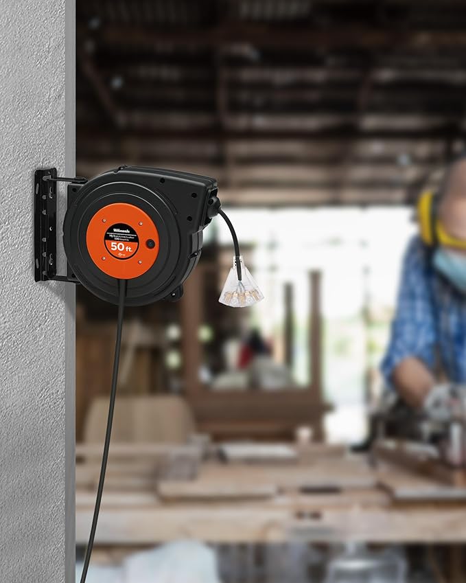 Retractable Extension Cord Reel, 50 FT Heavy Duty Power Cord, 14AWG/3C SJTOW, 3 Grounded Outlets Lighted Triple Tap, 13 Amp Circuit Breaker, UL Listed, Orange B50CR06