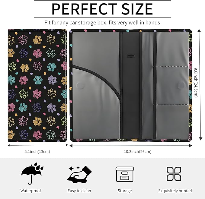 Premium Car Registration and Insurance Card Holder, Cute PU Leather Car Document Holder, Vehicle Glove Box Car Organizer with Magnetic Closure for Driver License, Cards Colorful Doodle Paws