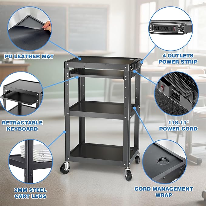 Steel AV Cart on Wheels - Rolling Projector Cart with Height Adjustable Shelf, Pullout Keyboard Tray, Power Strip, Cord Management - Mobile Media Carts Computer Workstation for Office Classroom