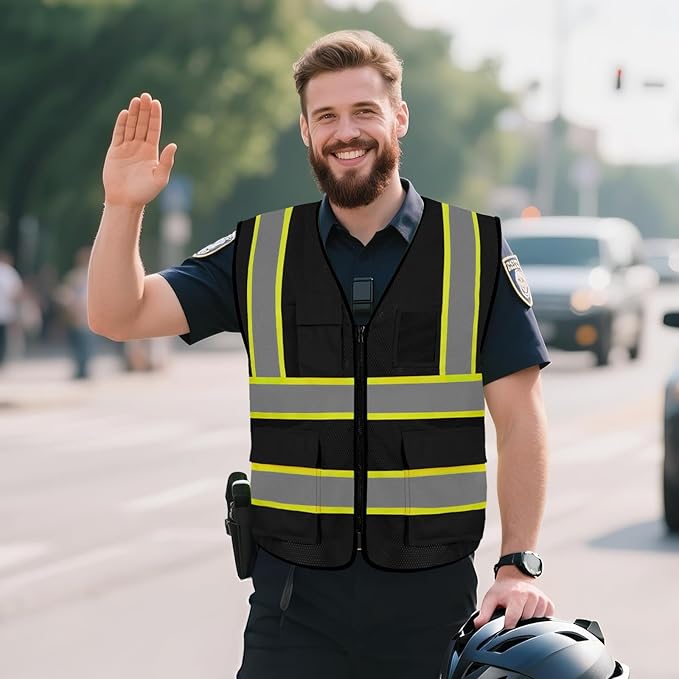 Safety Vest for Men Women 5 Pockets High Visibility Vest with Reflective Strips, Hi Vis Vest with Mesh Fabric, Breathable, (GR720-Black,XL).