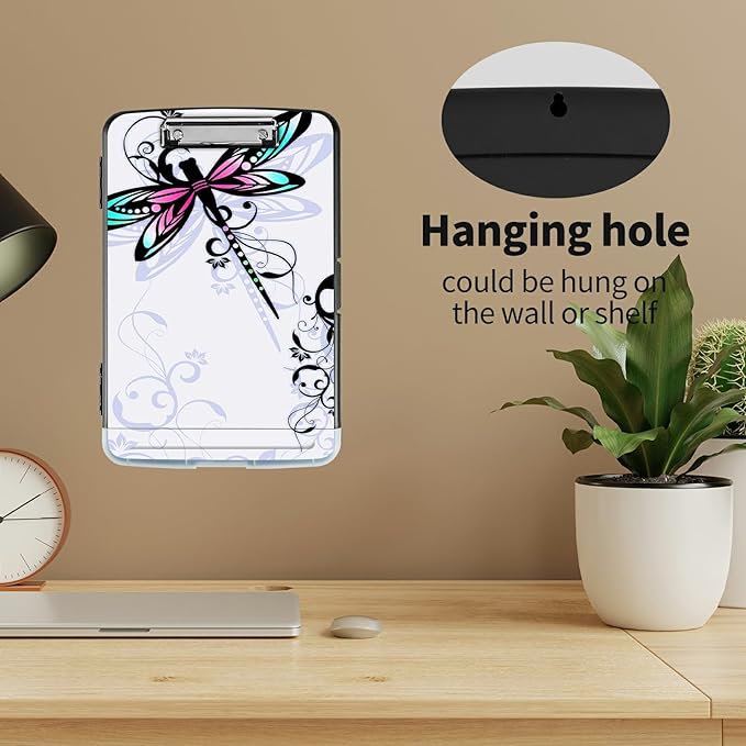 Clipboard with Storage High Capacity Plastic Nursing Clipboards with Pen Holder File Folder Storage Box Clipboard with Heavy Duty Clips for Teacher,Doctor,Offices-Dragonfly with Lotus Flower