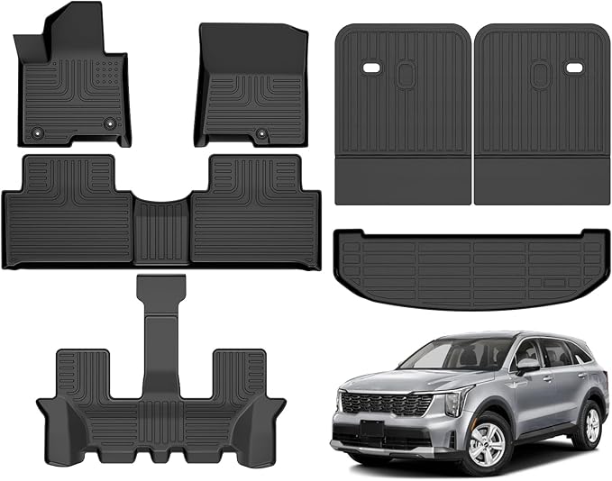 Hutisya-Floor Mats & Cargo Liner with Backrest Set Fit for Kia Sorento Hybrid 2021-2025 2026 All Weather Protection Anti-Slip & Durable TPE Full Set Liners Automotive Accessories-Black