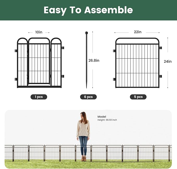 24 in(H) Decorative Garden Fence Outdoor for Yard with Gates,Heavy Duty Iron 6 Panels Total 11ft(L) Anti Dig Fence with Gravity Automatic Lock for Indoor/Outdoor Decorative Dog Fence,Black