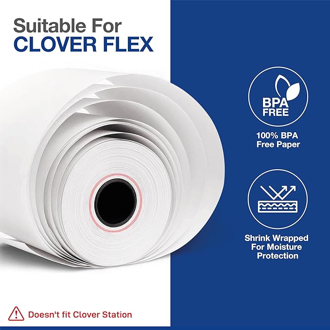 Clover Flex Paper Rolls - 30 Rolls - 2 1/4'’ x 50’- 48 GSM - Clover Flex Receipt Paper Compatible for C401, C403, C405 and C406 POS Machines - BPA Free Material