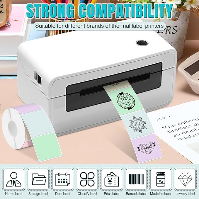 Ctosree 500 Pcs/ 1 Roll Thermal Sticker Labels Self Adhesive Direct Thermal Labels Multipurpose Printer Stickers for DIY, Name Tag(Round,2 Inches,Macaron Gradient Color)