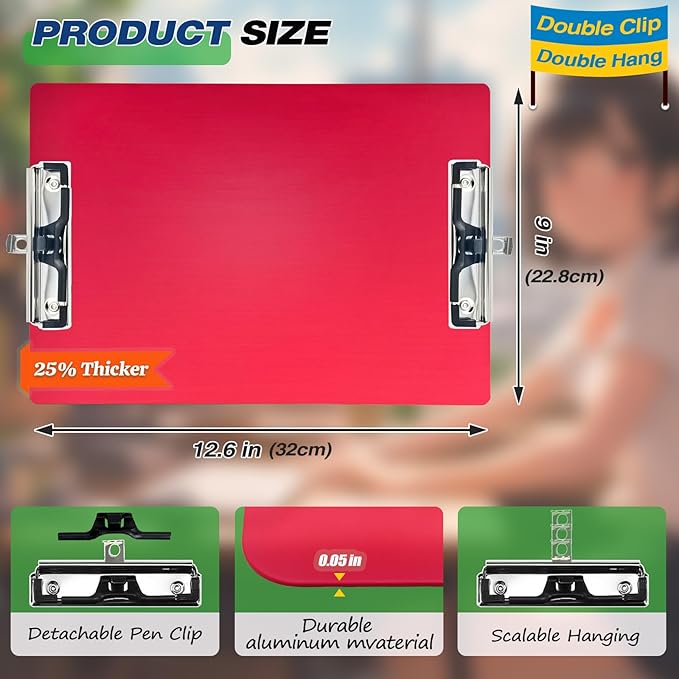Aluminum Metal Clipboard Stainless Hangable Pen Holder Double Clip Board Size A4 9" x 12.6" for School Office Business Medical Professionals Workshop Factory (Red, A4-DoubleClip)