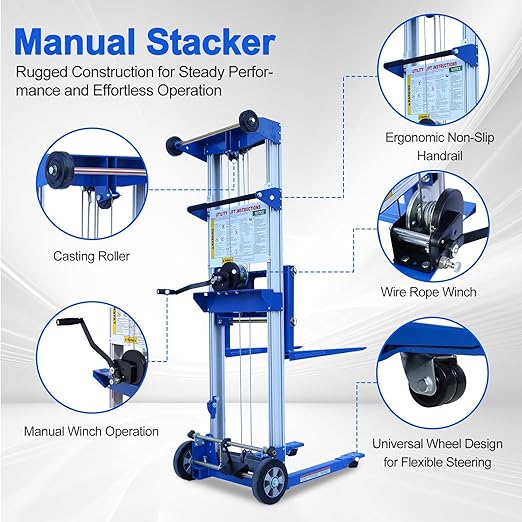 122" 400lbs Material Lift Winch Stacker, Hand Winch Lift Truck with Fixed-Leg, Manual Material Lifter Pallet Stacker for Contractor, Workshop, Industrial, 34.60" L x 24.80" W