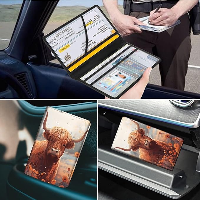 Car Registration and Insurance Holder, Leather Car Glove Box Organizer, Cool Car Accessories for ID, Driver's License Cards & Essential Document,business cards,Men&Women,Cow Sunflowers
