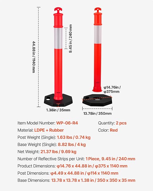 VEVOR 2 Pack Traffic Delineator Posts, 48 inches Traffic Safety Cones with Weighted Base and Reflective Strips, Heavy Duty Delineator Posts for Construction Site, Parking Lot, Crowd Control, Red