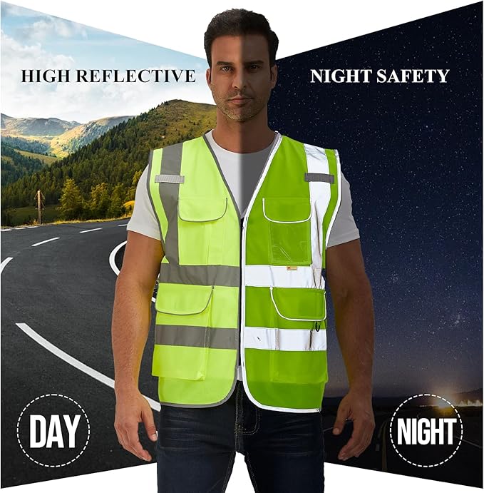 SIFE Reflective Safety Vest High Visibility Vest With 7 Pockets And YKK Zipper, ANSI/ISEA Class 2 Standard, Made With 3M Reflective Tape(03YG-Yellow Mesh,2XL)