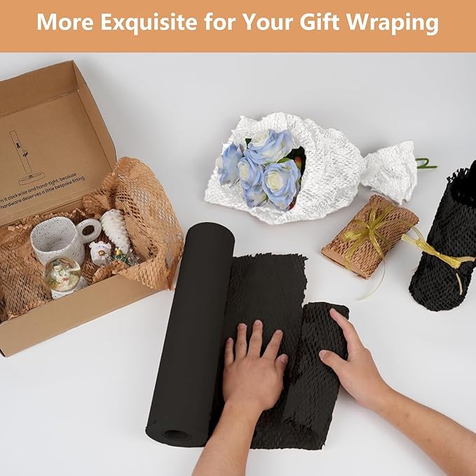 Honeycomb Packing Paper, 12" x 100' Packing Paper Substitute Alternative for Bubble Cushioning Wrap for Moving Shipping Packaging, Recyclable Moving Supplies Bubble Packing Wrap Roll-Black
