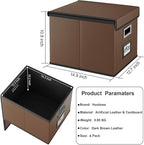 Huolewa File Organizer Box with Lid, Collapsible Leather File Folder Organizer for Office Document Storage, Filing Box with Plastic Slide for Letter/Legal Size Hanging Files, Dark Brown, 4 pack