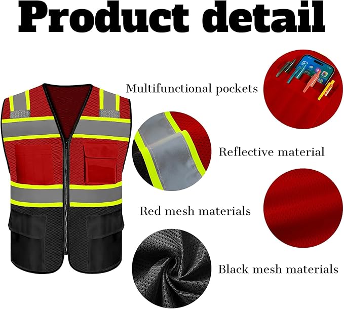 Safety Vest Reflective High Visibility with 5 Pockets ＆Zipper Class 2 Adult Unisex Construction Security Workwear