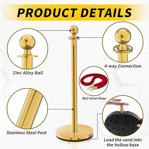 Stanchion Set, Gold Stanchion and Velvet Ropes with 8 Pcs Stainless Steel Posts and 6Pcs Red 5FT Ropes Crowd Control Barrier for Events, Weddings, Theaters, VIP Lines, Queue Management