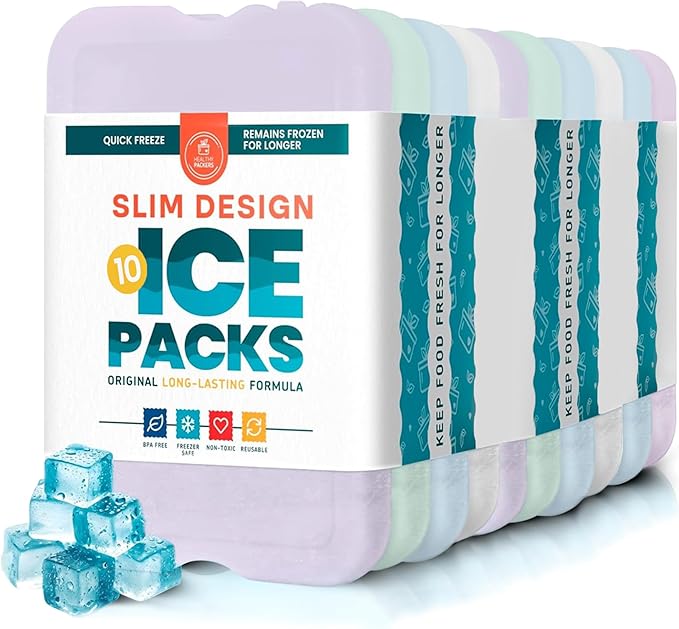 Healthy Packers Reusable Ice Packs for Lunch Boxes - Long Lasting Slim Freezer Packs, Thin Non-Toxic BPA-Free Hard Gel Ice Blocks for Coolers, Kids & Adults Lunch Bags, Travel, Camping, Food Storage