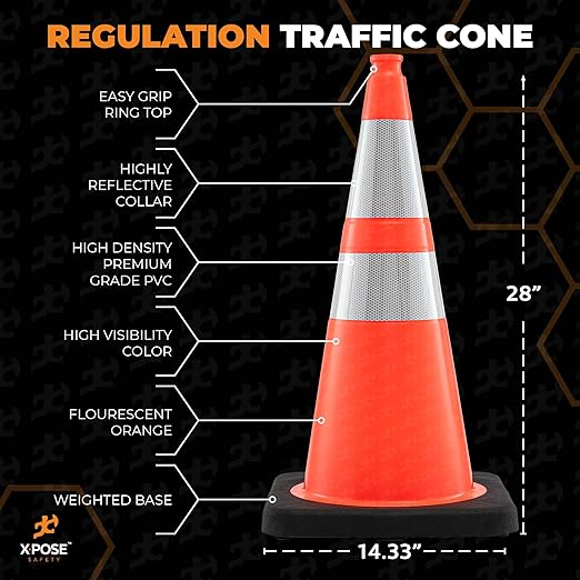Xpose Safety 28 Inch Orange Traffic Cones Heavy Duty 10lb with 6" & 4" Collars, 12 Pack - Multipurpose PVC Plastic Safety Cone for Parking, Soccer, Caution, Kids and Construction - DOT Approved