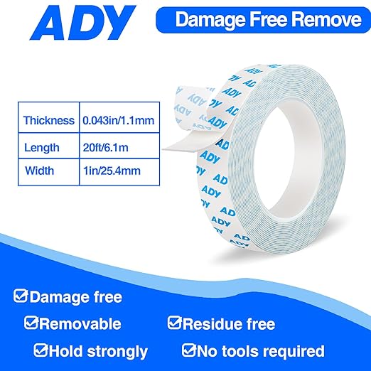 ADY Removable Double Sided Tape Heavy Duty 1in x 20ft, Adhesive Mounting Tape for Walls,Damage Free Picture Hanging Adhesive Strips for Rent Room, Poster Stick Tape