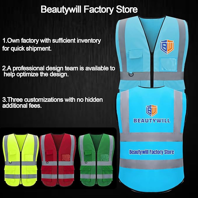 BeautyWill 10/20 Pack Custom Logo Safety Vest,Bulk High Visibility Class 2 Reflective Work Vests