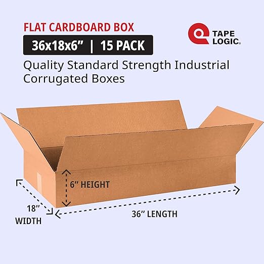 TAPE LOGIC 36x18x6 Flat Corrugated Boxes, Flat, 36L x 18W x 6H, Pack of 15 | Shipping, Packaging, Moving, Storage Box for Home or Business, Strong Wholesale Bulk Boxes