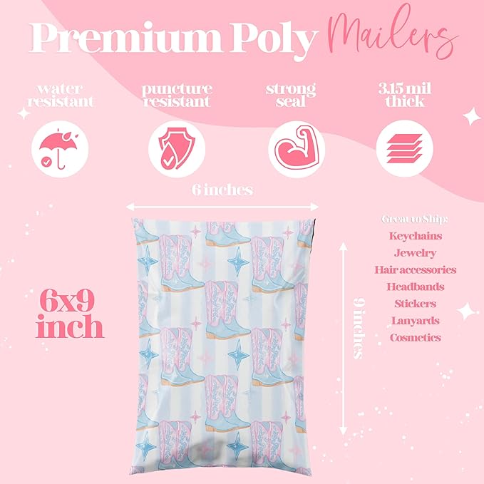 6x9 Designer Poly Mailer 100 Pack Heavy Duty Waterproof Self Seal Shipping Bags for Small Business Large Mailing Envelopes Bulk Tear Resistant Packaging Cowgirl Boots Western