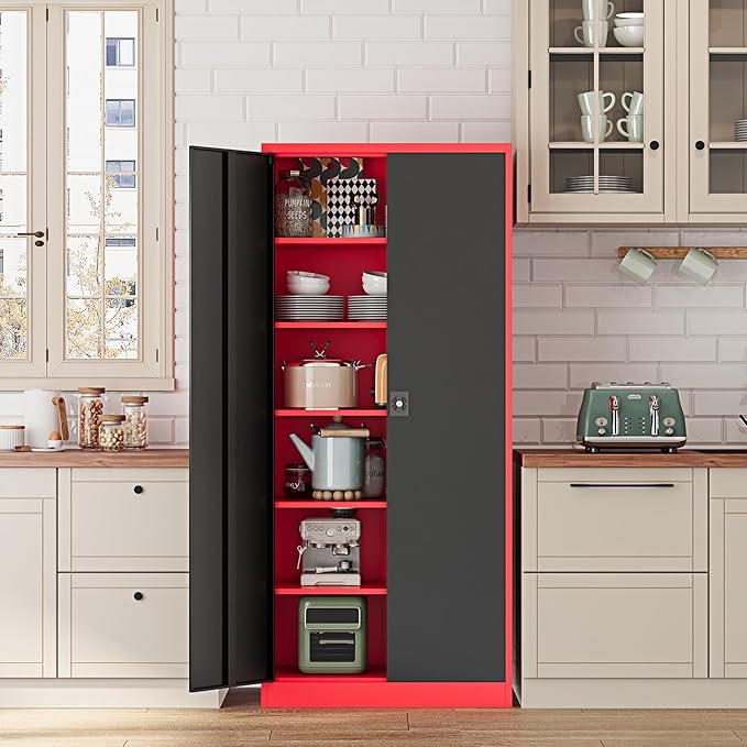 Metal Storage Cabinet-72” Tall Steel File Cabinets with Lockable Doors and Adjustable Shelves-Black&Red Steel Storage Cabinet for Kitchen, Office, Garage