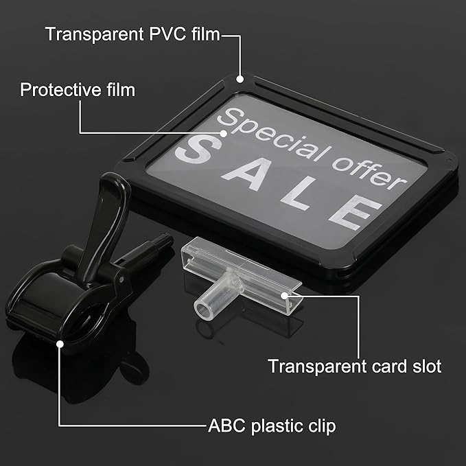 Mlici Acrylic Sign Holder with Clamp, 6 x 9 Inch Double Head Display Clips with PVC Card Protector, Rotating Sign Price Tag Clip On Sign Display for Hangrails or Tubes (Pack of 7) (Black)