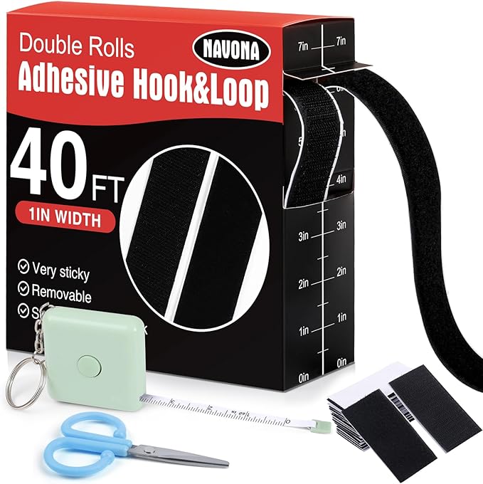 Navona 40Ft x 1Inch Hook and Loop Strips with Adhesive, Heavy Duty Self Adhesive Tape with Back, Strong Sticky Back Fastener Roll for Home, Office, School, Crafting, Black