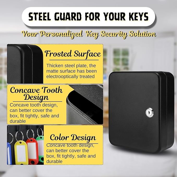 Flexzion Key Cabinet Key Lock Box Wall Mount with 40 Key Holder Organizer Locker Case, Colored Key Tags & Hooks Wall Mounted Lock Box for Keys Storage, Homes, Property, Hotels, Business (Black)