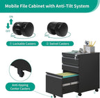 3-Drawer Mobile File Cabinet With Lock & Wheels,Fully Assembled Heavy Duty Under Desk File Cabinets For Home Office,100lbs Capacity Per Drawer,Steel Rolling Cabinet for Legal/Letter Files(Black)