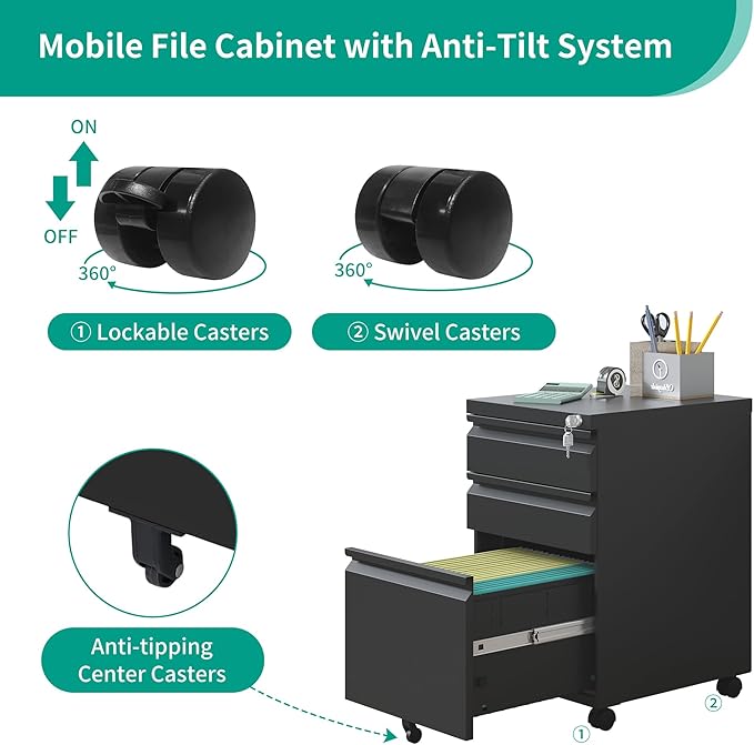 3-Drawer Mobile File Cabinet With Lock & Wheels,Fully Assembled Heavy Duty Under Desk File Cabinets For Home Office,100lbs Capacity Per Drawer,Steel Rolling Cabinet for Legal/Letter Files(Black)