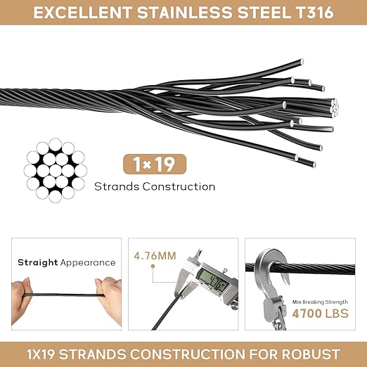 3/16" Black T316 Stainless Steel Cable, 100FT Marine Grade Black Wire Rope Aircraft Cable, 1x19 Strands for Deck Railing, Balcony, Fence, and DIY Balustrades