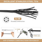 3/16" Black T316 Stainless Steel Cable, 100FT Marine Grade Black Wire Rope Aircraft Cable, 1x19 Strands for Deck Railing, Balcony, Fence, and DIY Balustrades