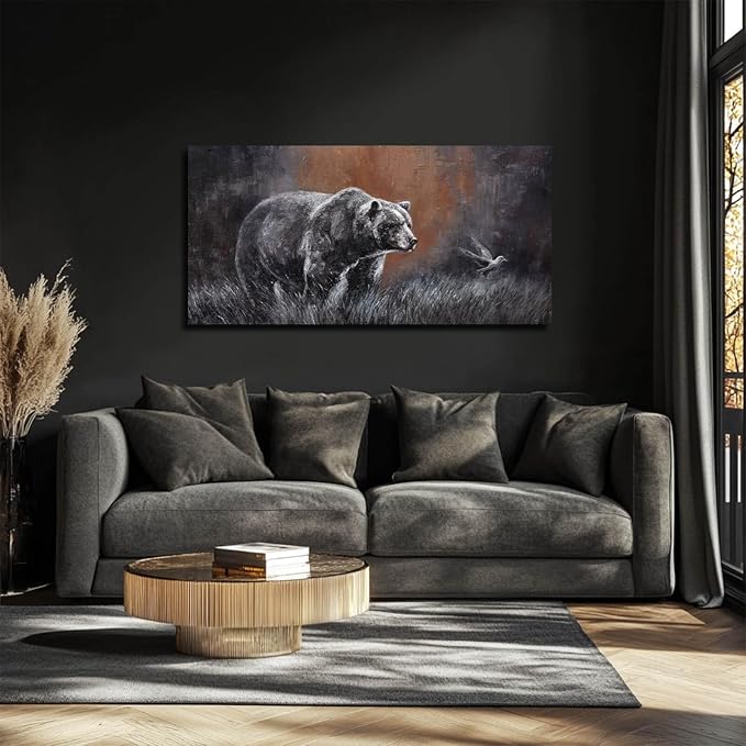 ZHENGYIN Grizzly Bear & Bird Canvas Wall Art,Black and White Wildlife Artwork, Warm Earth Tone Glow, Rustic Western Farmhouse Wall Decor for Entryway Bedroom, Over Console, 20x40 Inch