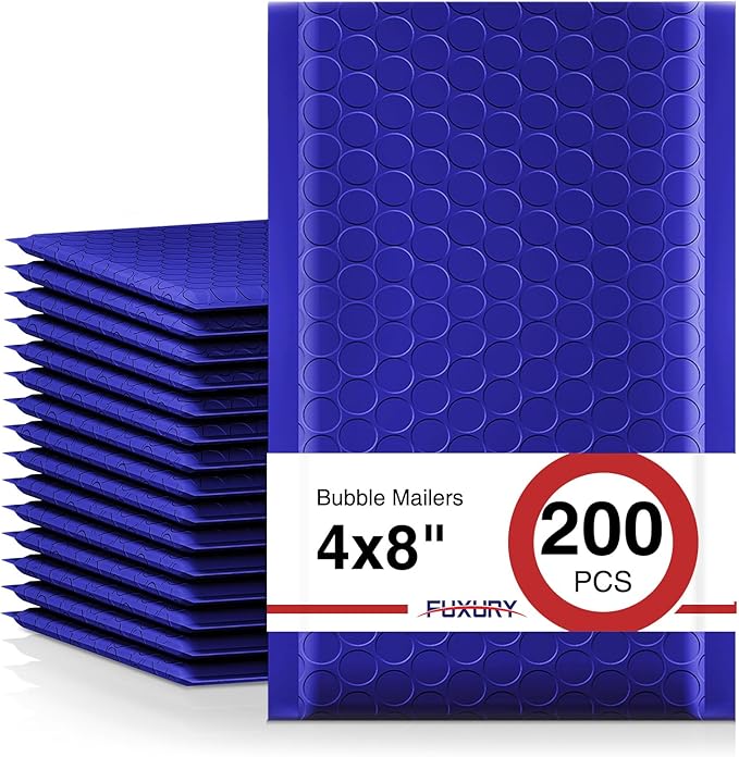 Fuxury Bubble Mailers 4x8" 200 Pack Waterproof Padded Envelopes Self Seal Bubble Envelopes Padded Mailers for Small Business Envelope Mailers Usable Size 4x7 Royal Blue