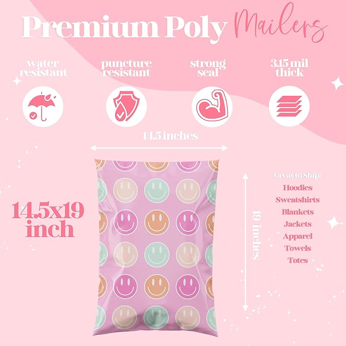 14.5x19 Designer Poly Mailer 100 Pack Heavy Duty Waterproof Self Seal Shipping Bags for Small Business Large Mailing Envelopes Bulk Tear Resistant Cute Packaging Smiley Face