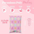 14.5x19 Designer Poly Mailer 100 Pack Heavy Duty Waterproof Self Seal Shipping Bags for Small Business Large Mailing Envelopes Bulk Tear Resistant Cute Packaging Smiley Face