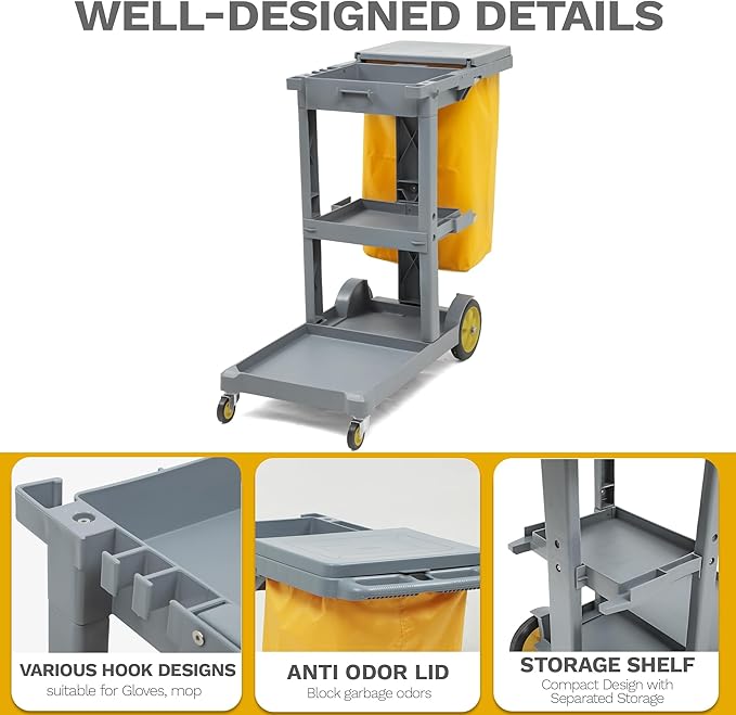 DWVO Janitorial Cart on Wheels, Cleaning Carts, Housekeeping Cart, 3 Shelf Commercial Traditional Plastic Janitor Carts, with 2 Yellow 25 Gallon Vinyl Bag & Rubber Gloves for Restaurant Hotel Home