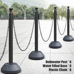6-Set Pack 40" inch Black Work Zone Chain Post Set, Traffic Queue Delineator Post Cones, 6 x 6.6' Feet Plastic Chains, Portable Crowd Control Stanchions Set (Black-Water Filled Base)
